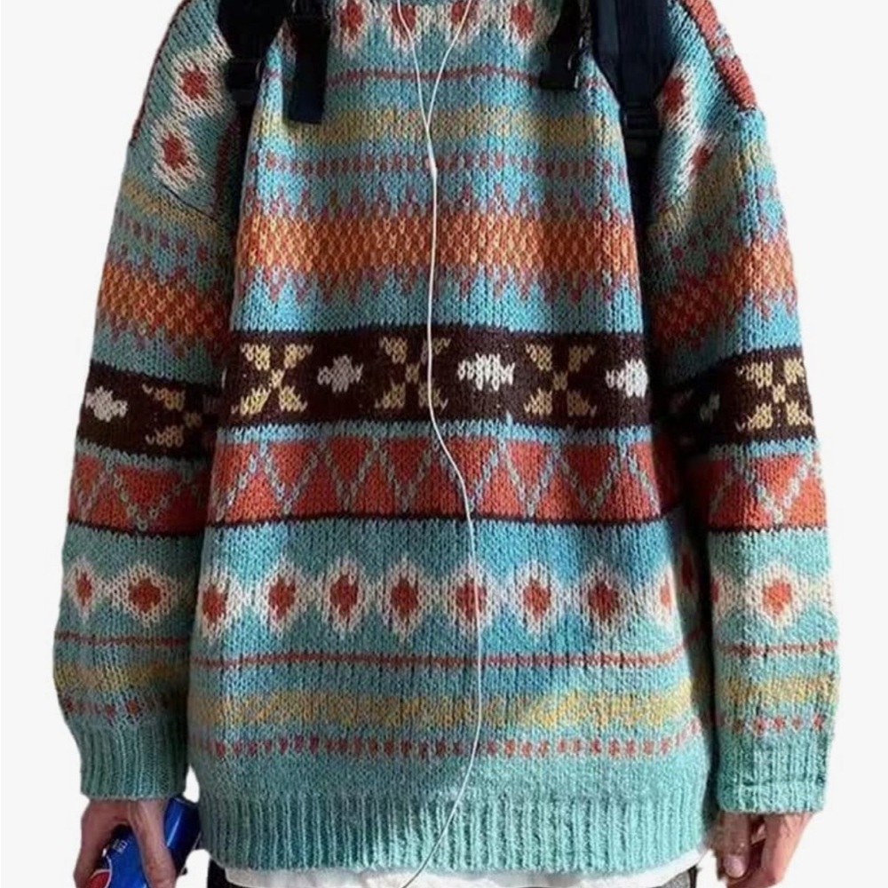 Red and Orange Crew Neck Sweater with Geometric Patterns